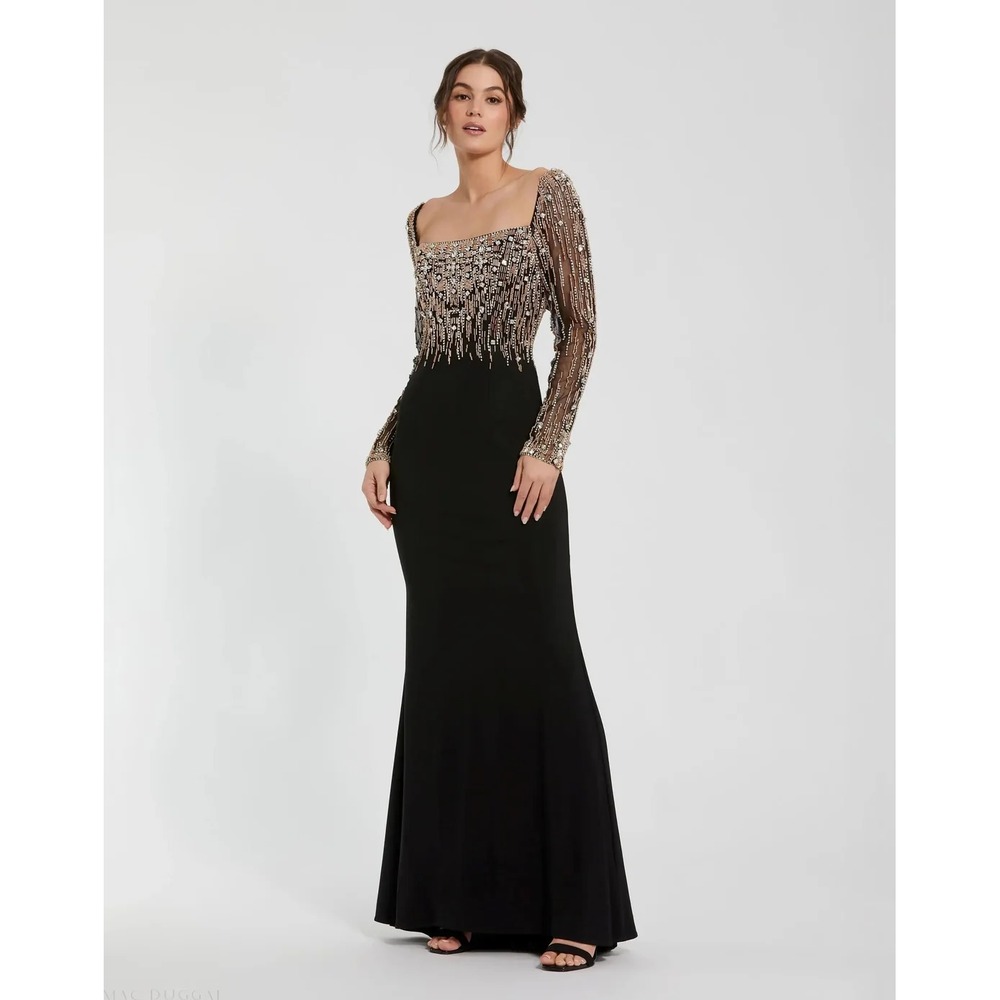 NWT MAC DUGGAL [ 2 ] 2256 Beaded Square Neck Long Sleeve Jersey Gown Black S1989